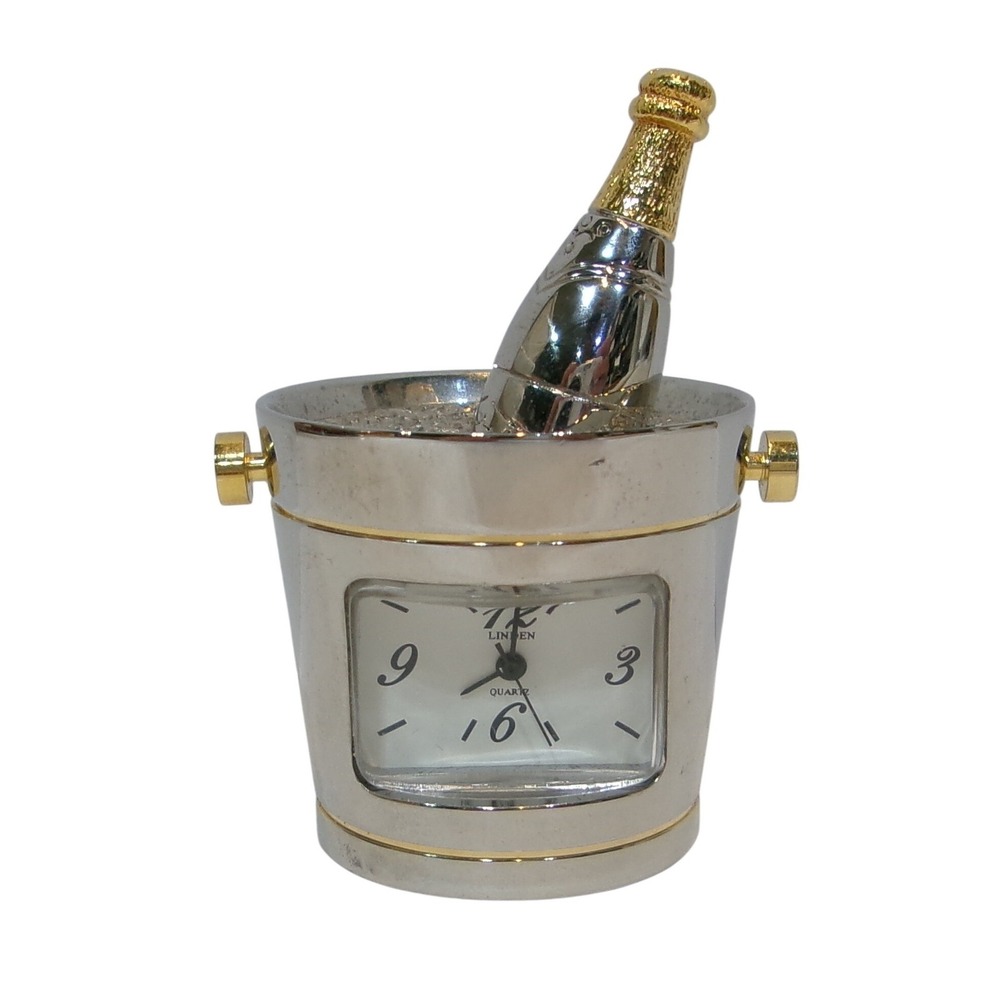 Linden Vintage Miniature Champagne Bucket Desk Clock Silver Gold Japan Movement